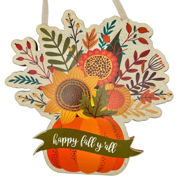 Primitives by Kathy Wooden Hanging Sign Happy Fall Ya'll Autumn Flowers NWT - Picture 2 of 10